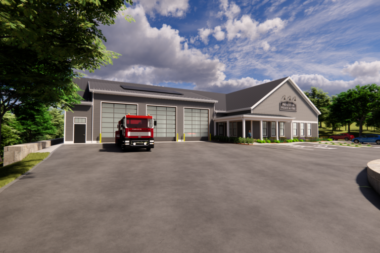 Rendering of Princeton's new public safety building with rooftop solar panels