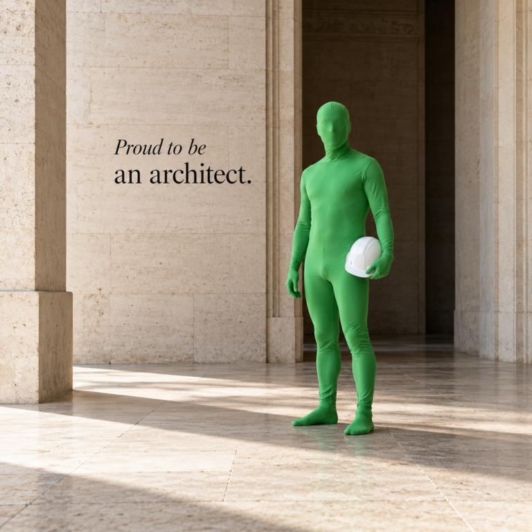 A figure in a full green chroma suit holds a white hard hat in a sunlit stone hall, beside the words &ldquo;Proud to be an architect.&rdquo;