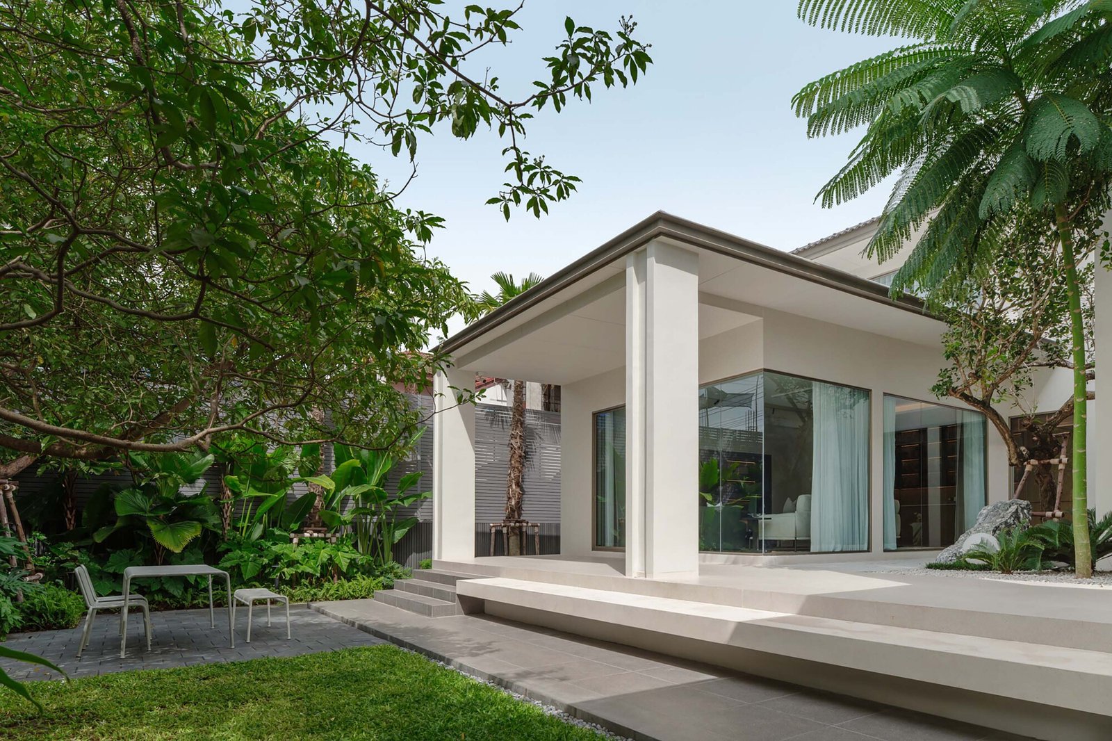 Reflecting pool and garden beside the renovated residence