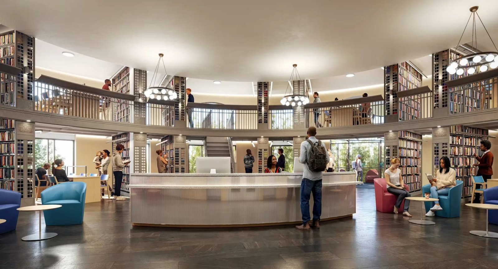 Proposed two-level reading room at Pacific Library with central service desk