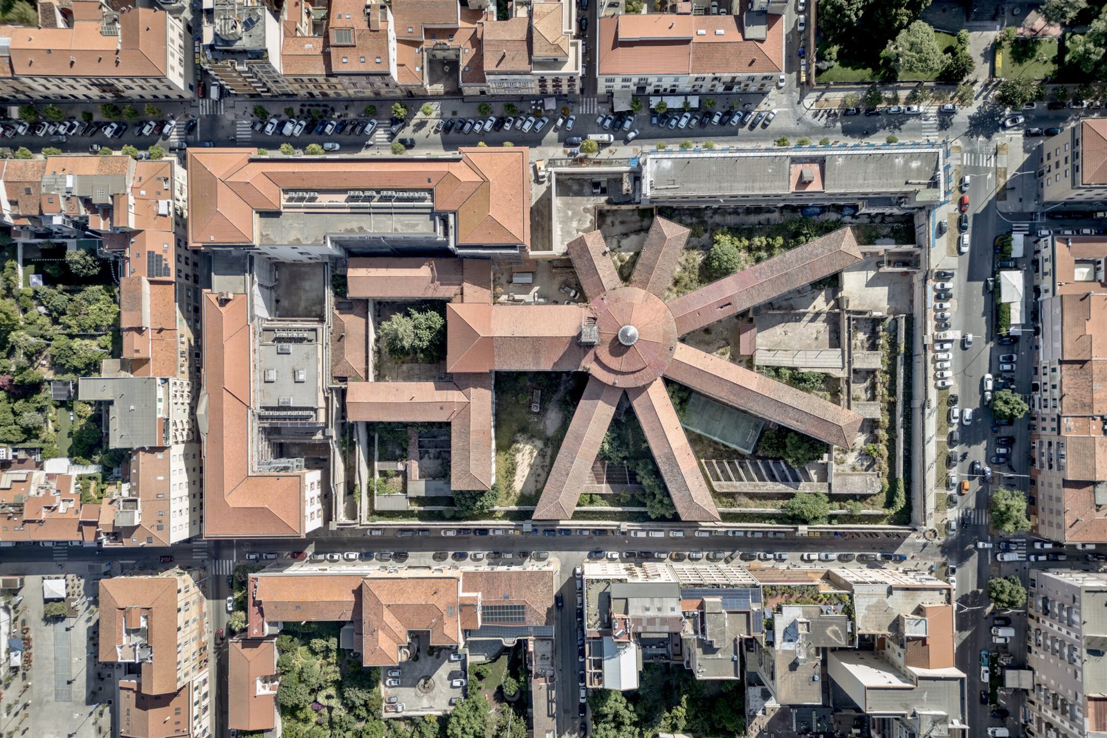 Aerial view of the former San Sebastiano prison complex in Sassari, site of the new judicial hub design competition