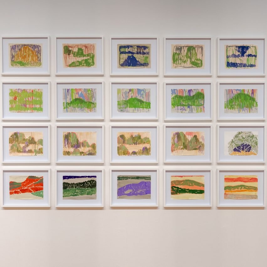 Small paintings from the Diary series arranged across an exhibition wall