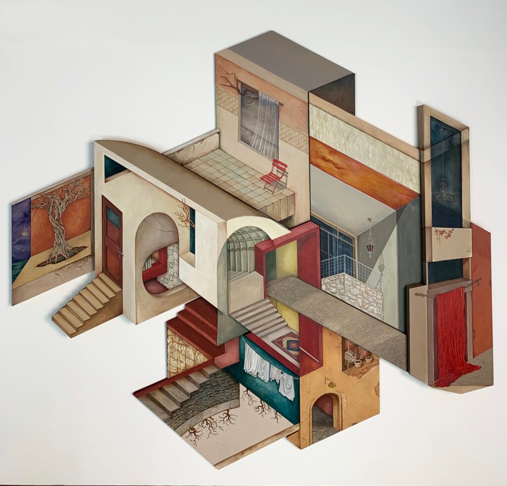 Shirin Hashemi's Self-Portrait: interlocking architectural scenes with stairs, arches, curtains and a red chair.
