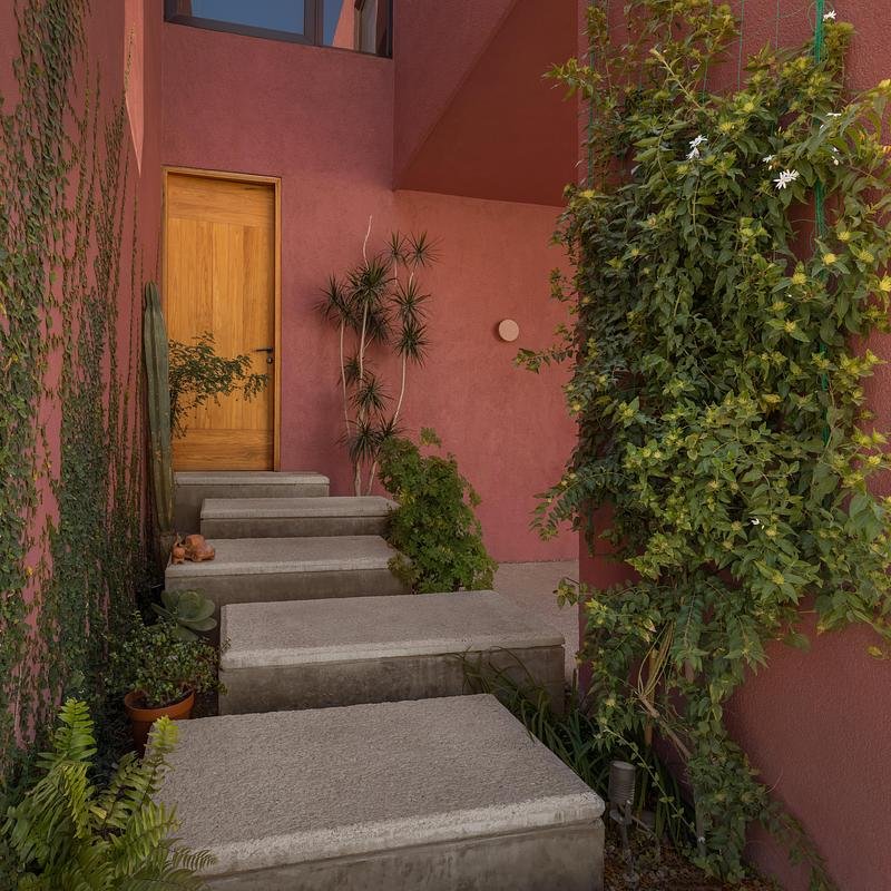 Staggered steps and planting lead towards the recessed entrance