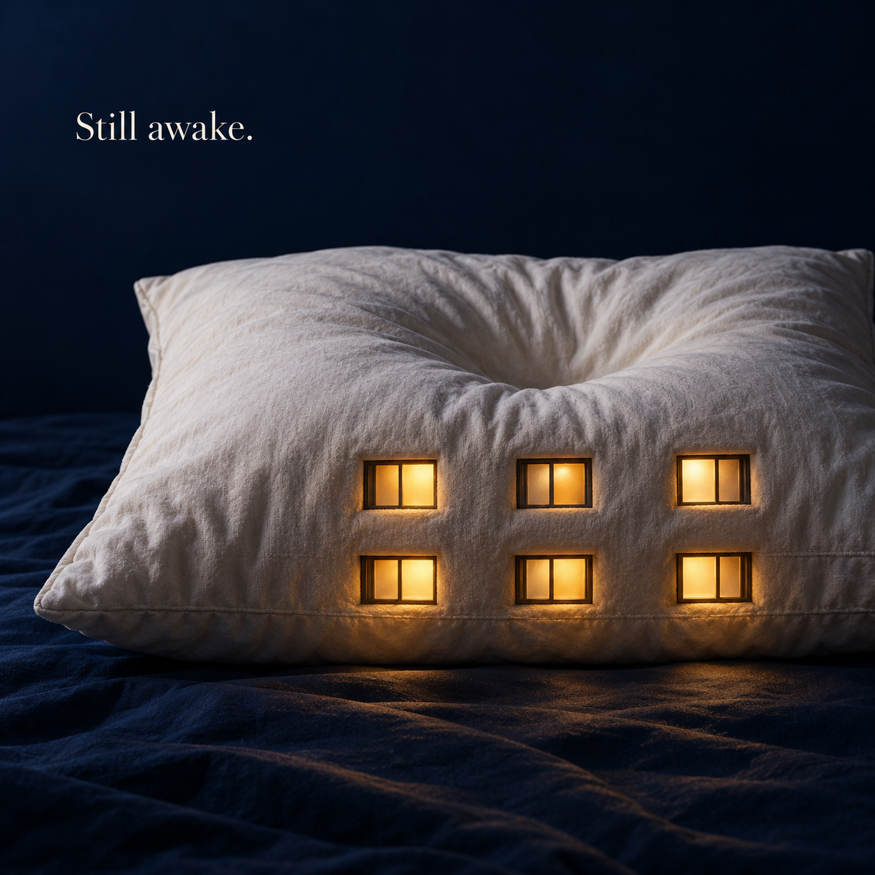 Conceptual illustration of a white pillow with six glowing windows on dark blue bedding, beneath the words Still awake.