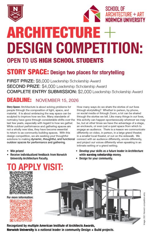 Official Norwich University poster for Story Space: Two Places for Storytelling, 2026 high school architecture competition