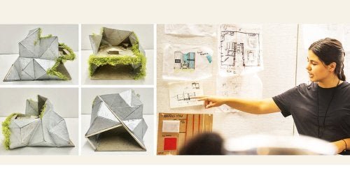 Norwich University Story Space competition illustration showing architectural sketches and a landscape model