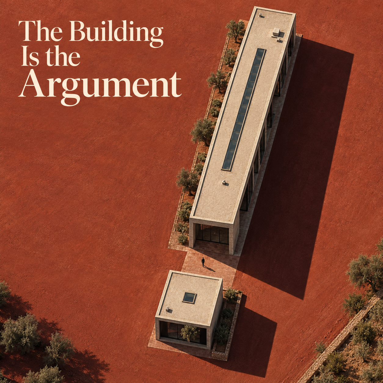 Aerial illustration of a long building and a small pavilion casting shadows on red earth beside the article title.