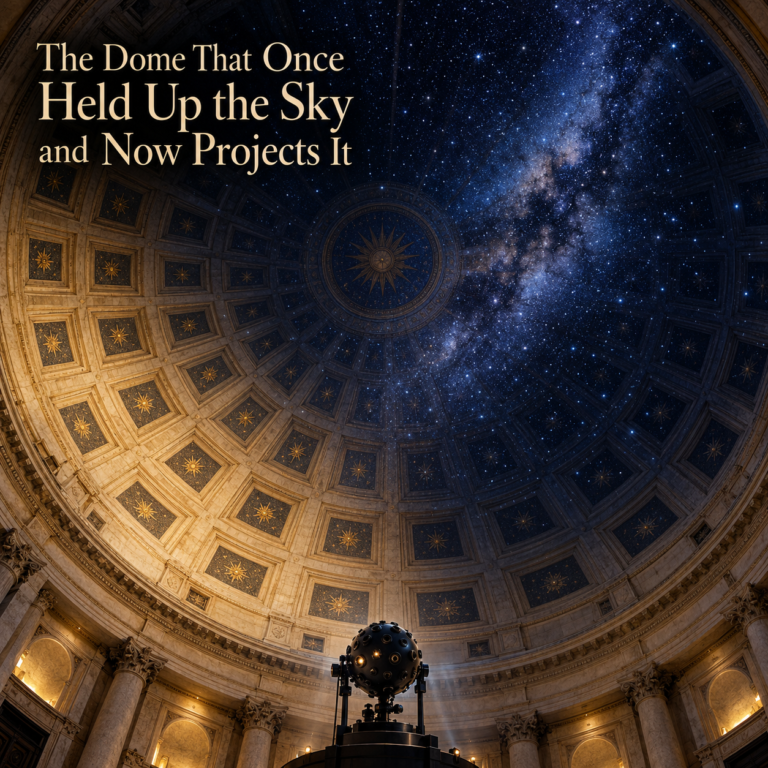 An ornate coffered dome blends into a starry sky above a planetarium projector.