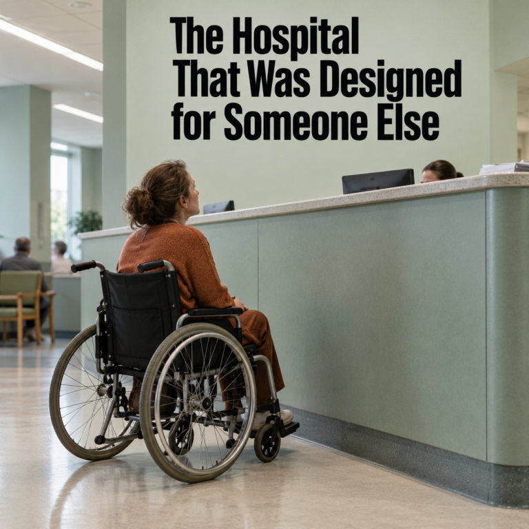 A person in a wheelchair faces a high hospital reception counter beneath the article title.