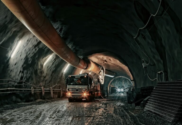 Truck and overhead ventilation duct inside a tunnel under construction.