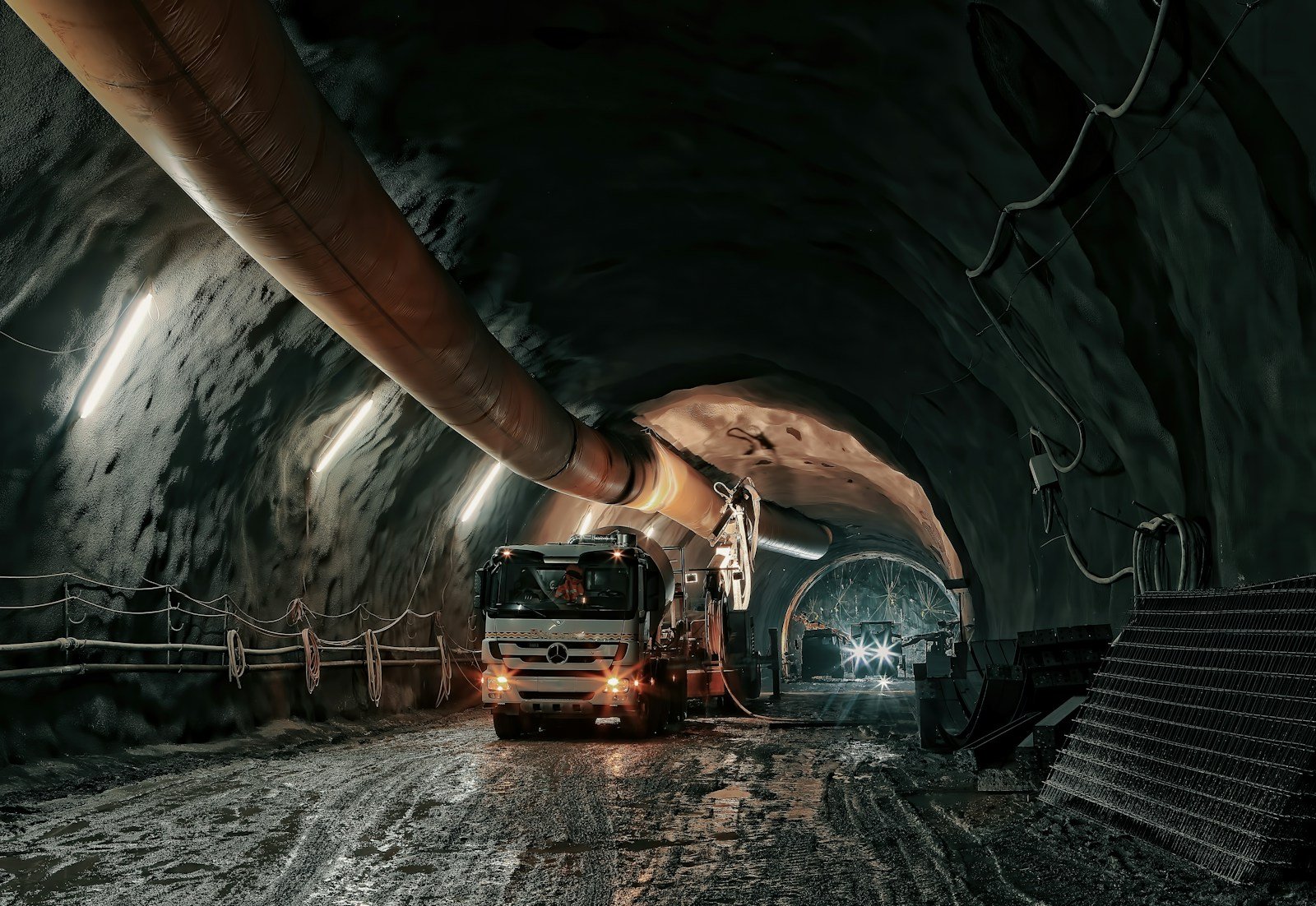 Truck and overhead ventilation duct inside a tunnel under construction.