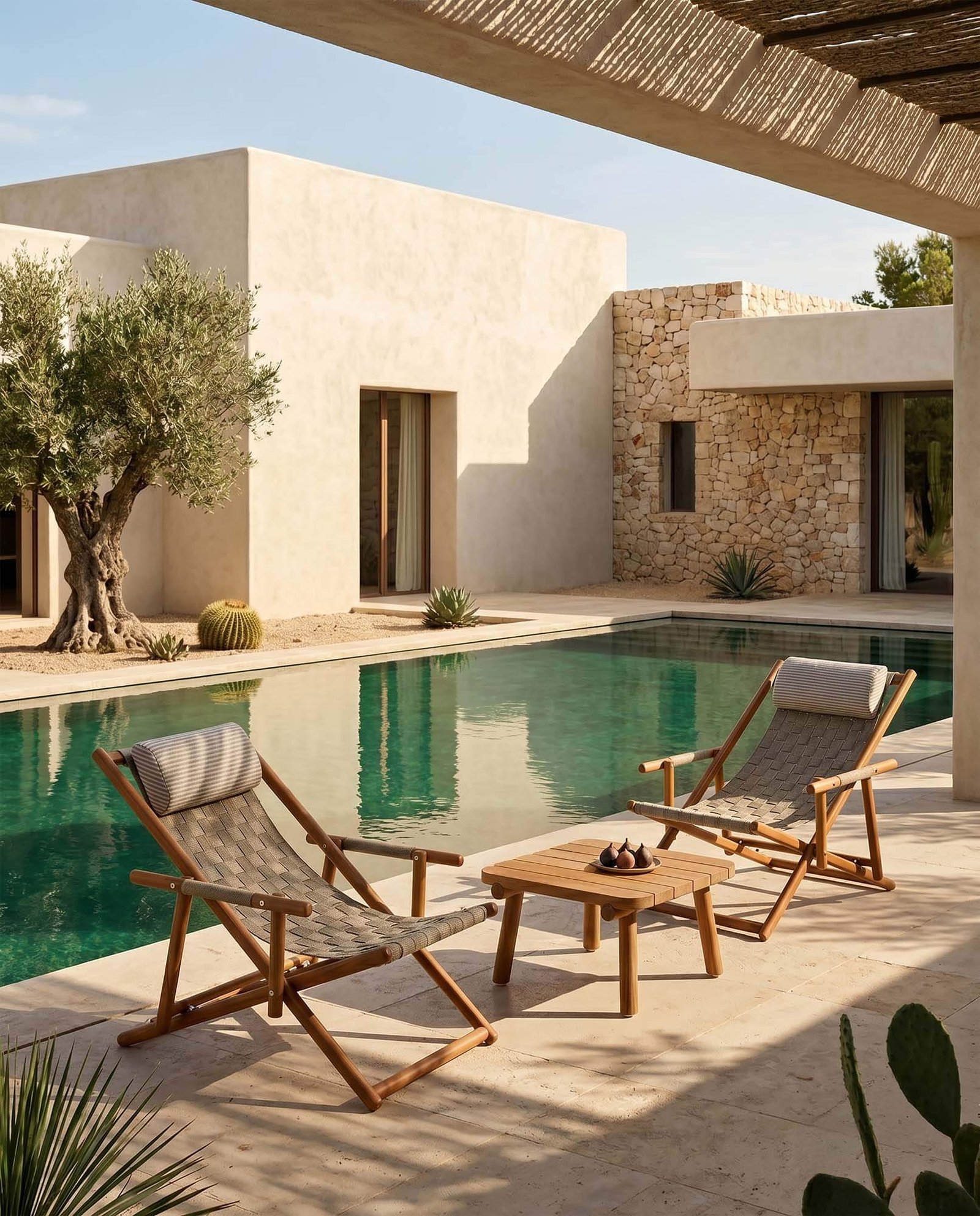 Two UZ folding deck chairs and a small table beside a swimming pool