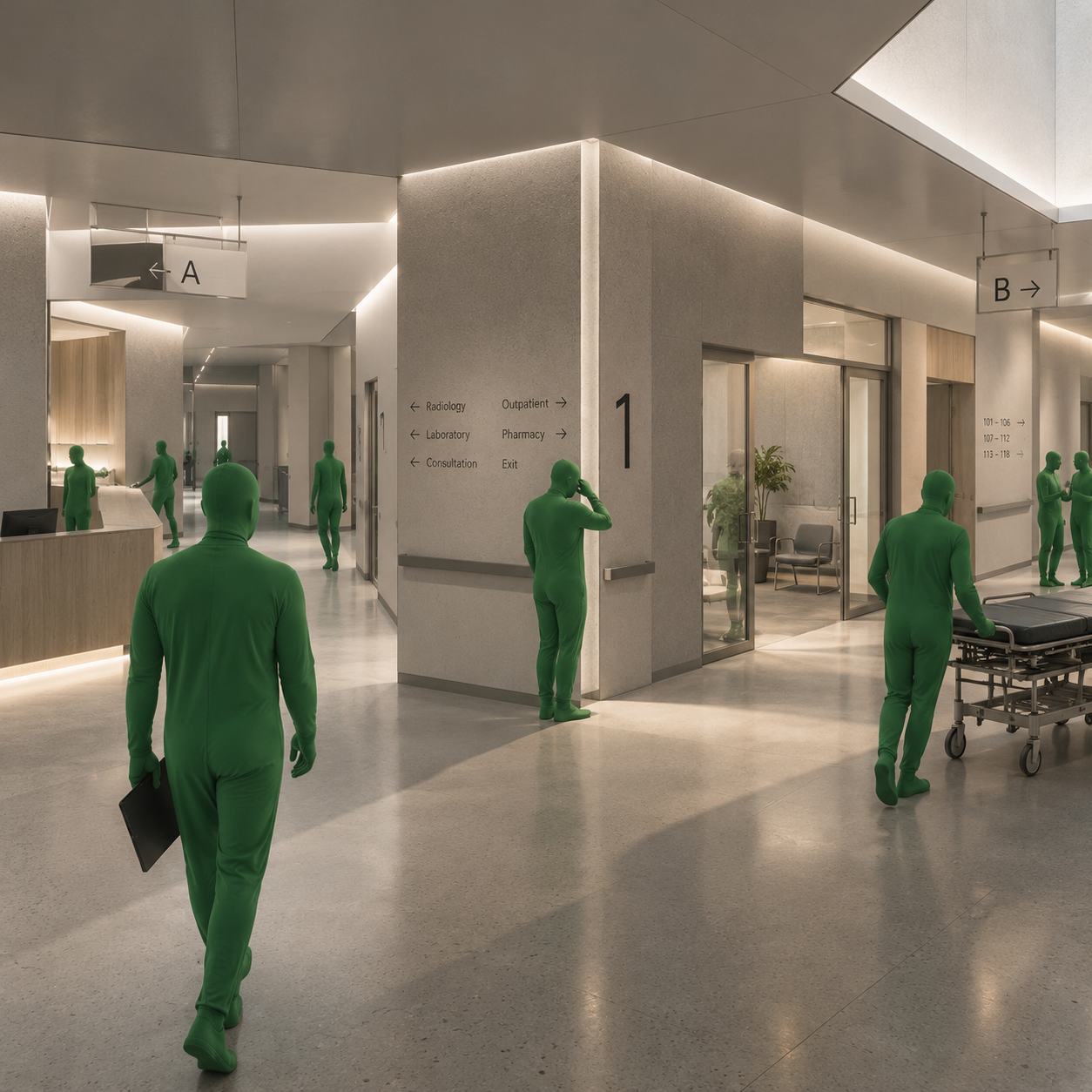 Conceptual clinic corridor junction with directional signs and green human figures navigating intersecting routes.
