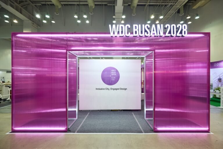 Official WDC Busan 2028 promotional pavilion display by Design Council Busan