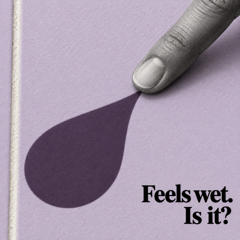 A fingertip touches a lavender tile, casting a water-drop-shaped shadow beside the words “Feels wet. Is it?”