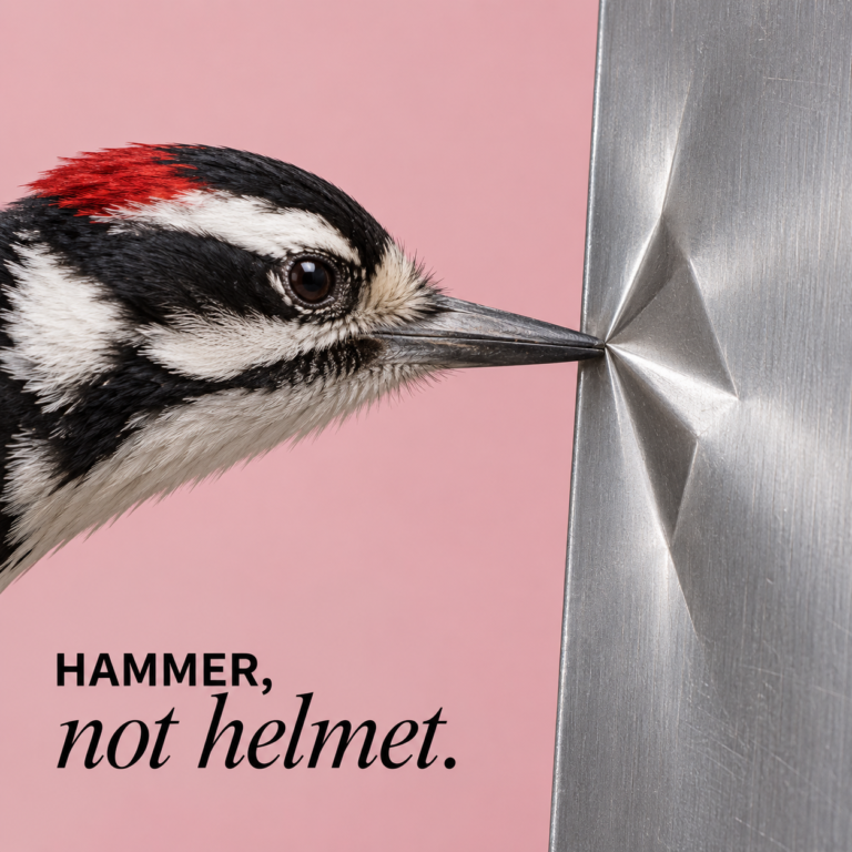 Conceptual illustration of a woodpecker pressing its beak into a dented metal panel, with the words &ldquo;Hammer, not helmet.&rdquo;
