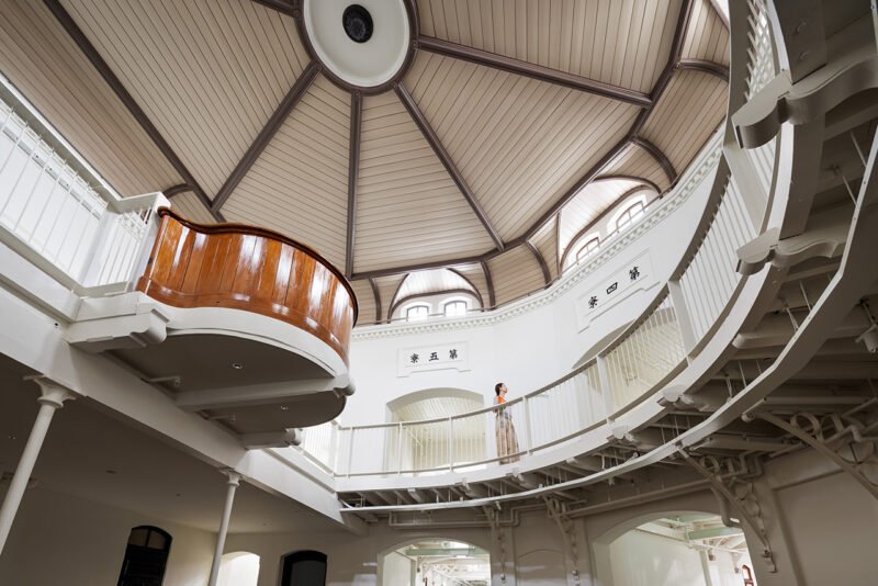 Interior of the former central guard station with curving galleries and a tall central space