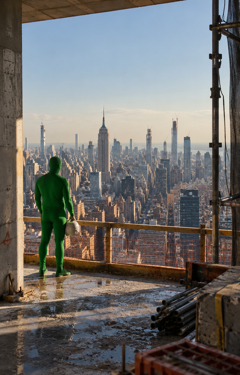 A person wearing a full-body green visual effects chroma suit holding a white hard hat, standing inside a raw concrete building under construction and looking out over the New York City skyline.