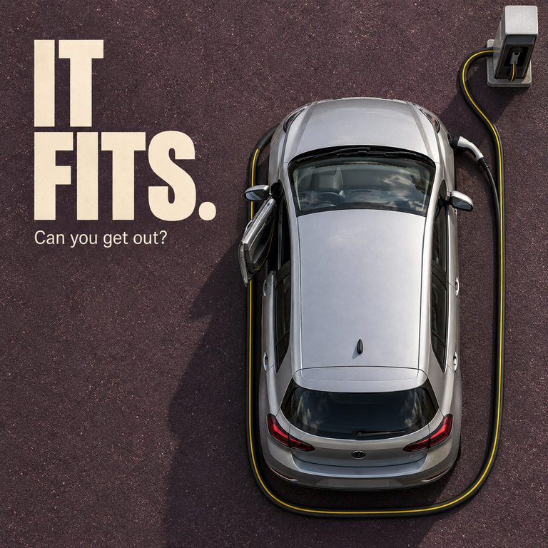 Overhead illustration of a silver car encircled by a charging cable, with its driver door open and the words “IT FITS. Can you get out?”
