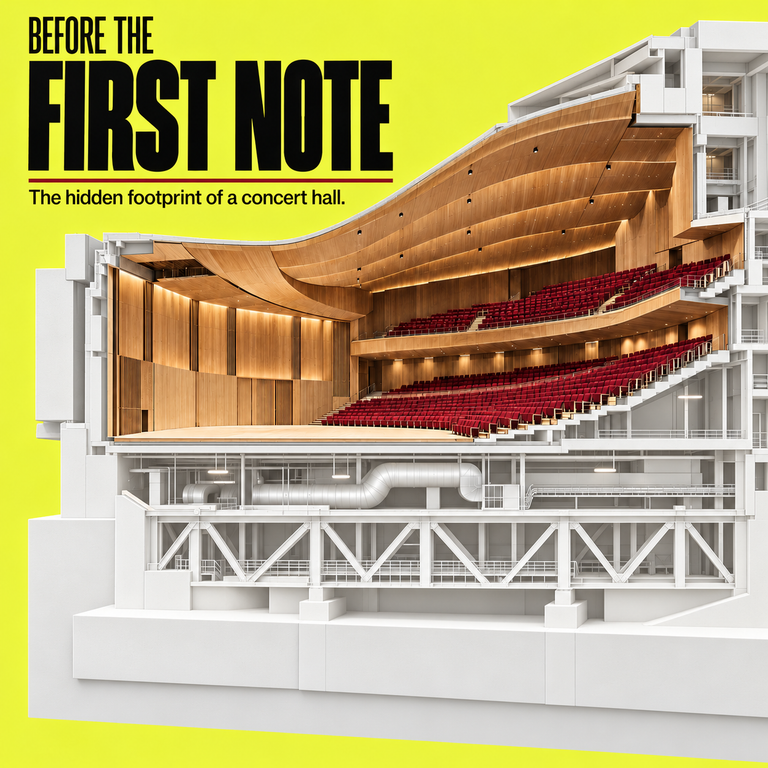 Editorial cutaway of a concert hall with timber surfaces and red seats above white structural and ventilation spaces on a yellow background.