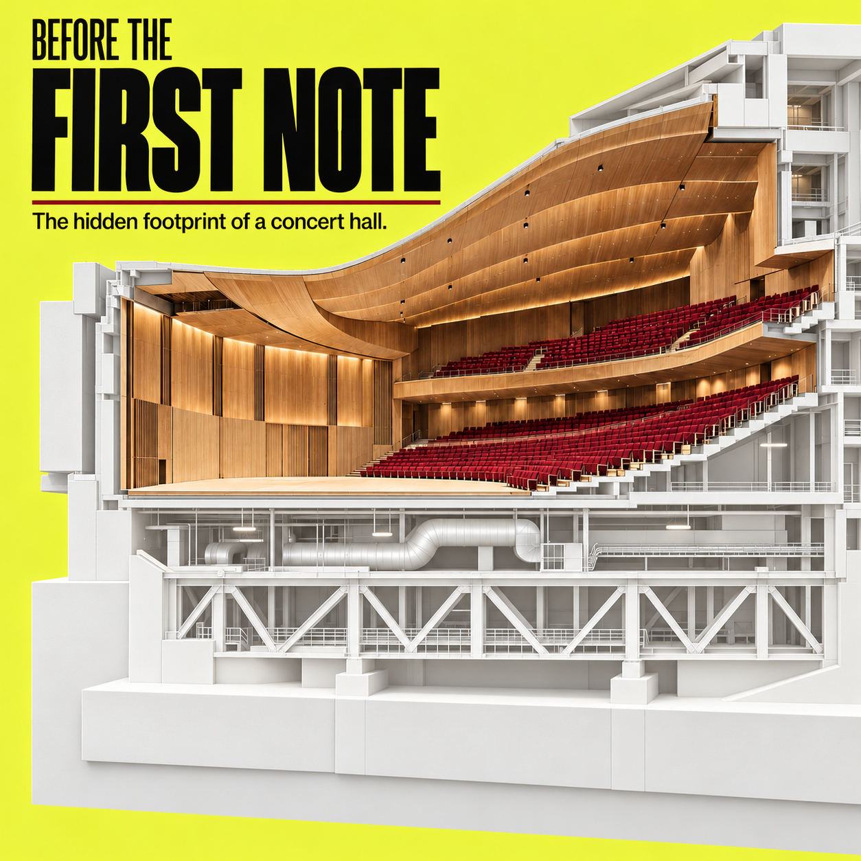 Editorial cutaway of a concert hall with timber surfaces and red seats above white structural and ventilation spaces on a yellow background.