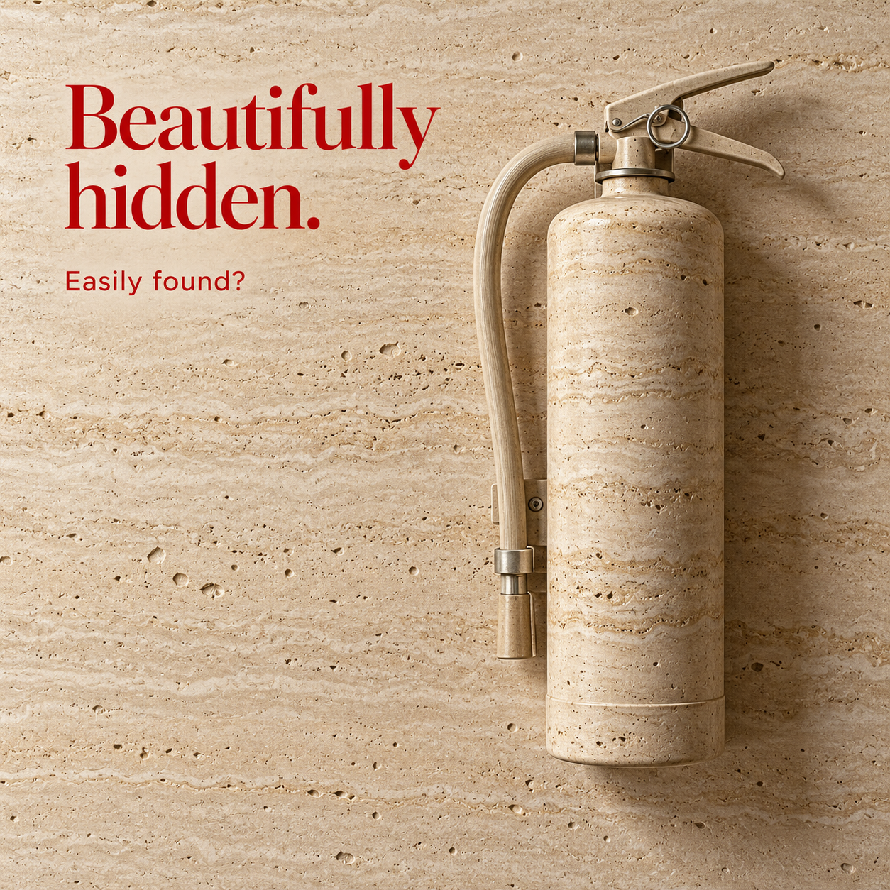 Beige fire extinguisher blending into a matching stone-textured wall, with red text reading &ldquo;Beautifully hidden. Easily found?&rdquo;