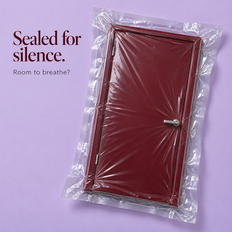 Burgundy door sealed in clear plastic on a lilac background, with the words “Sealed for silence. Room to breathe?” — باب عنابي مغلف ببلاستيك محكم على خلفية بنفسجية فاتحة، مع عبارة تسأل عن الصمت وإمكان التنفس.