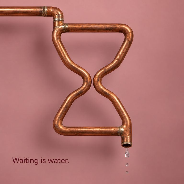 Copper piping shaped like an hourglass, dripping water against a pink background, with the words “Waiting is water.” | أنابيب نحاسية على هيئة ساعة رملية تقطر ماءً أمام خلفية وردية، مع عبارة «الانتظار ماء».
