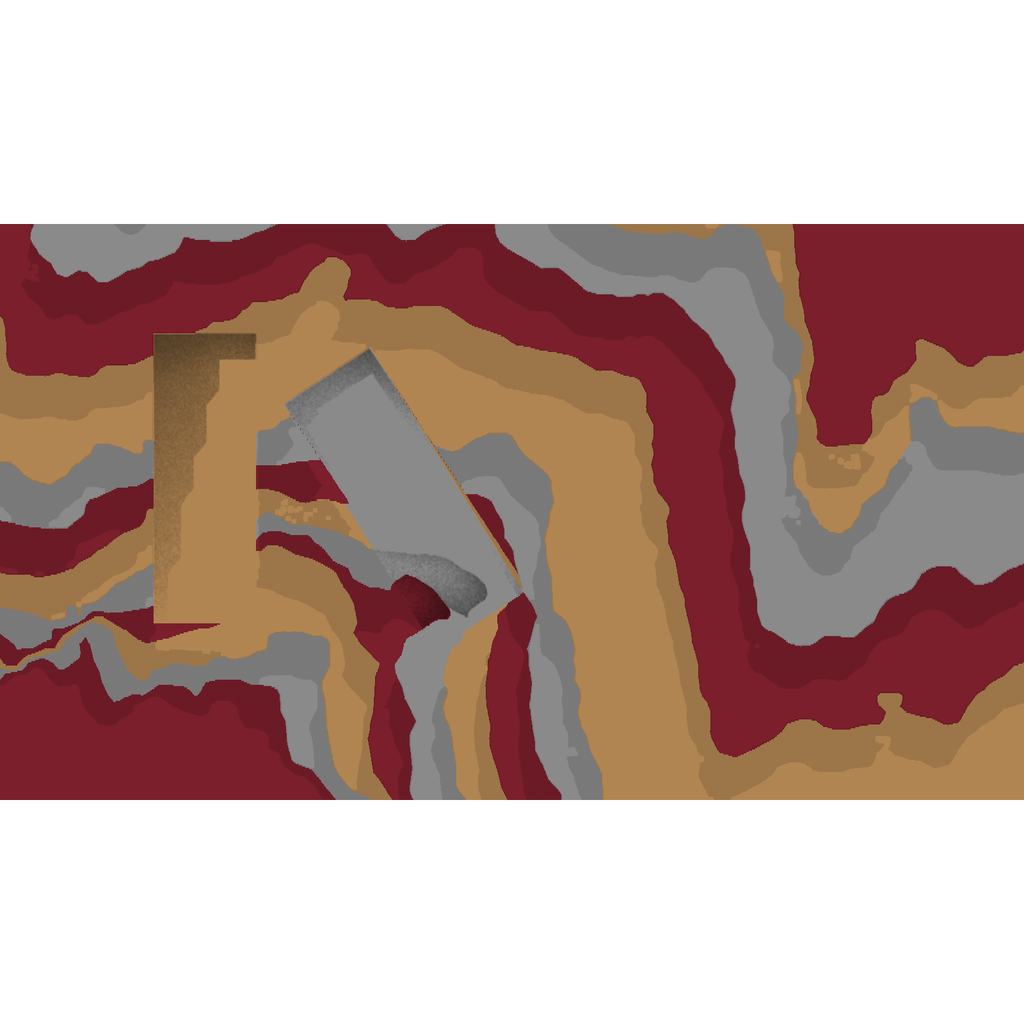 TopoArtic: burgundy, grey and camel contour layers interrupted by two rectangular cuts, viewed from above.