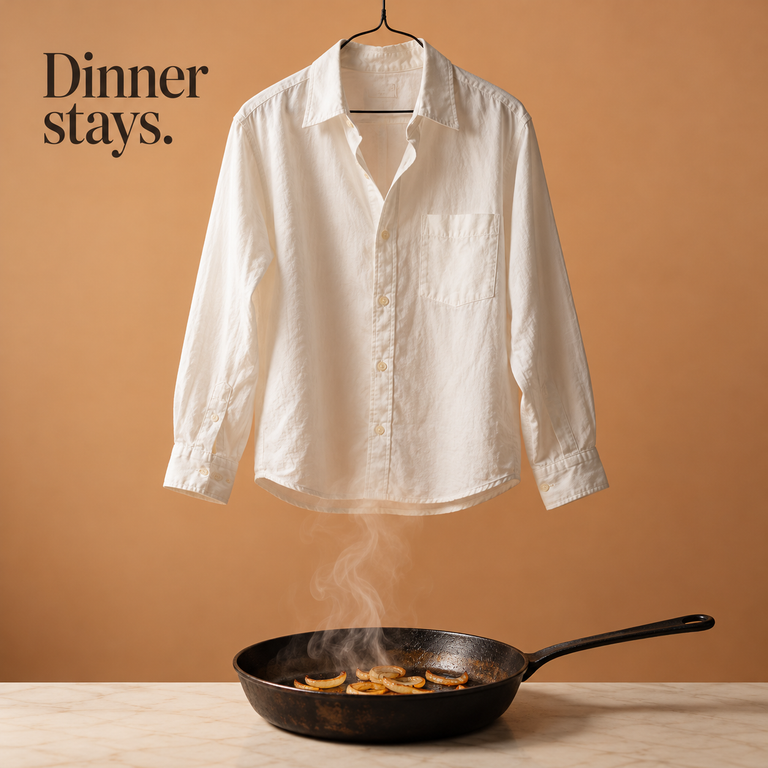 White shirt above a steaming frying pan, with the words &ldquo;Dinner stays.&rdquo; | قميص أبيض فوق مقلاة يتصاعد منها البخار، مع عبارة &laquo;العشاء يبقى&raquo;.
