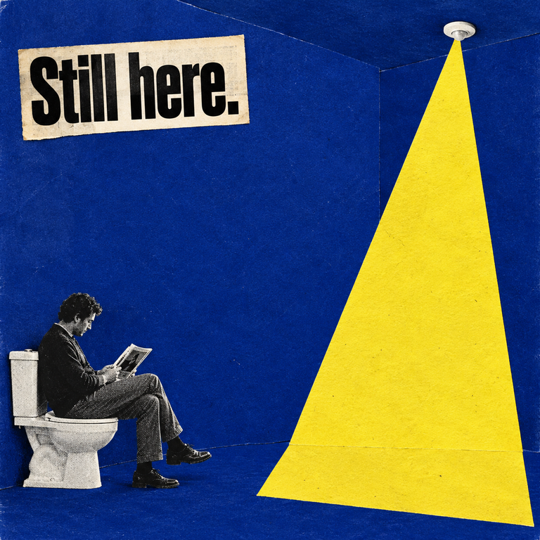 Blue-and-yellow collage of a man on a toilet outside a sensor cone, with “Still here.” | كولاج أزرق وأصفر لرجل على مرحاض خارج نطاق حساس مرسوم، مع عبارة «ما زلت هنا».