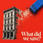 A blue eraser removes a building behind its retained fa&ccedil;ade on a red background, with the words &ldquo;What did we save?&rdquo; | ممحاة زرقاء تمحو مبنى خلف واجهته المتبقية على خلفية حمراء، مع عبارة &laquo;ماذا أنقذنا؟&raquo;.