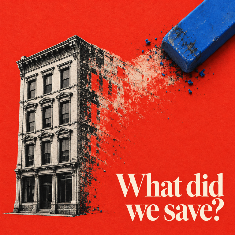 A blue eraser removes a building behind its retained façade on a red background, with the words “What did we save?” | ممحاة زرقاء تمحو مبنى خلف واجهته المتبقية على خلفية حمراء، مع عبارة «ماذا أنقذنا؟».