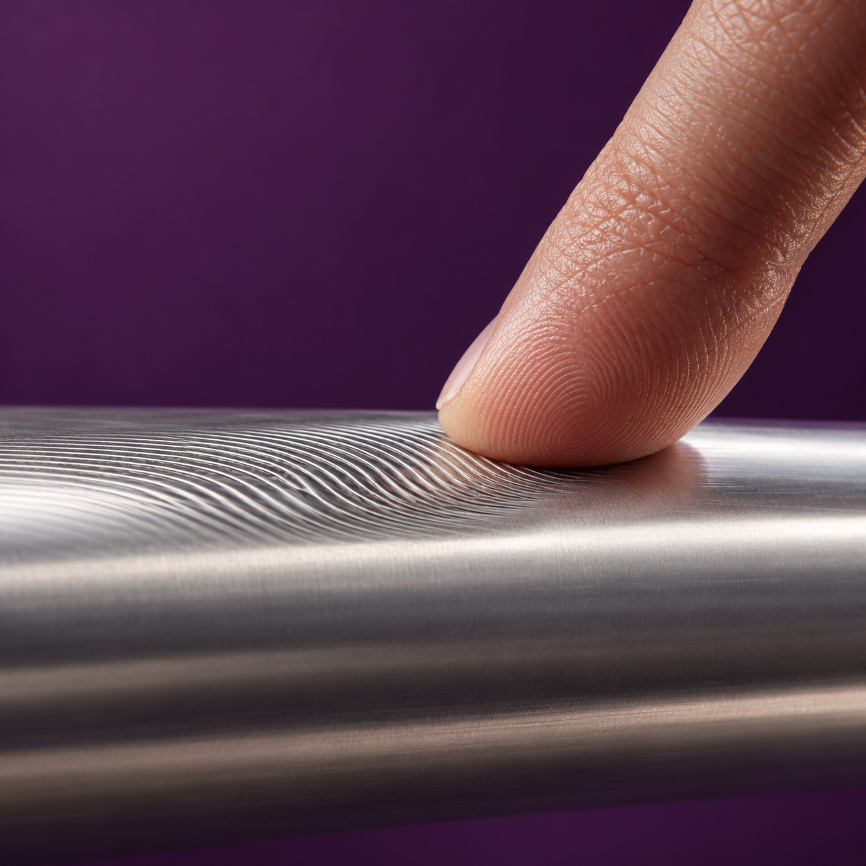 A fingertip touches fine ridges on a metal handrail against a purple background. — طرف إصبع يلامس تموجات دقيقة على درابزين معدني أمام خلفية بنفسجية.