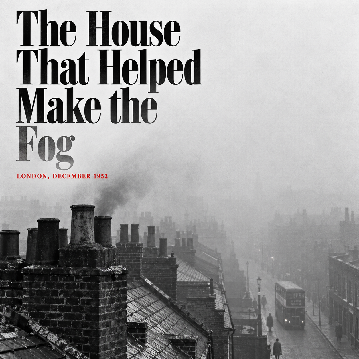 Editorial poster of smoking chimneys and a foggy London street, titled “The House That Helped Make the Fog”. — ملصق تحريري لمداخن ينبعث منها الدخان وشارع لندني يلفه الضباب، بعنوان «البيت الذي ساهم في صنع الضباب».
