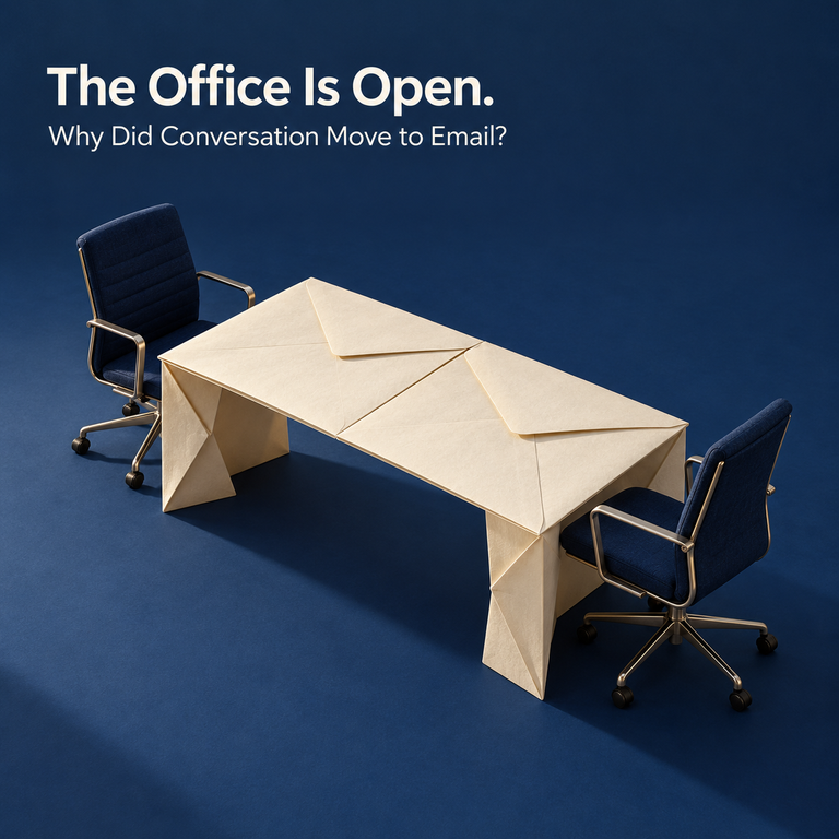 Two navy office chairs face a desk shaped from cream paper envelopes on a dark blue background, beneath the article title.