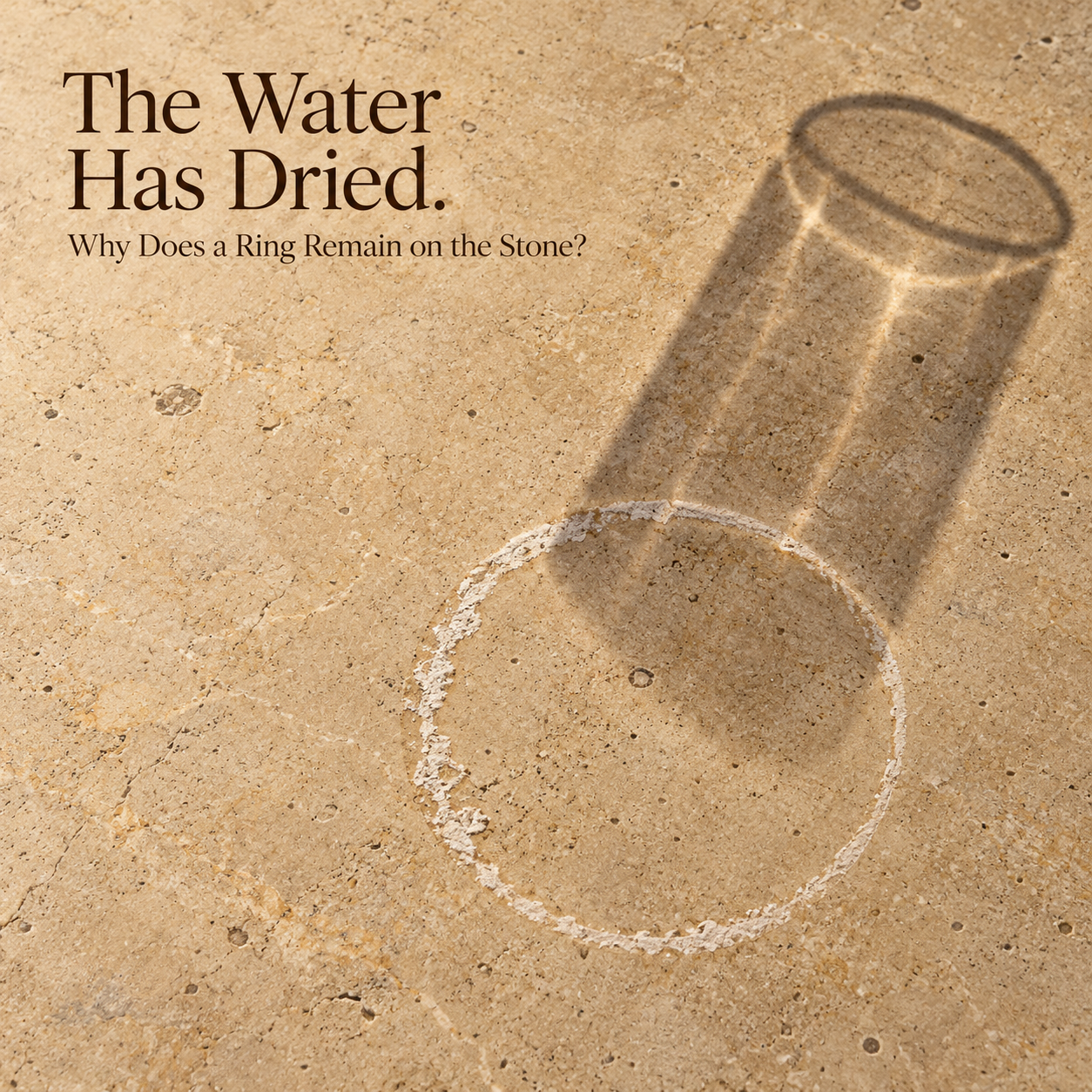White ring on beige stone beneath a glass-shaped shadow, with the headline &ldquo;The Water Has Dried. Why Does a Ring Remain on the Stone?&rdquo; &mdash; حلقة بيضاء على حجر بيج تحت ظل كأس، مع عنوان البحث بالإنجليزية.