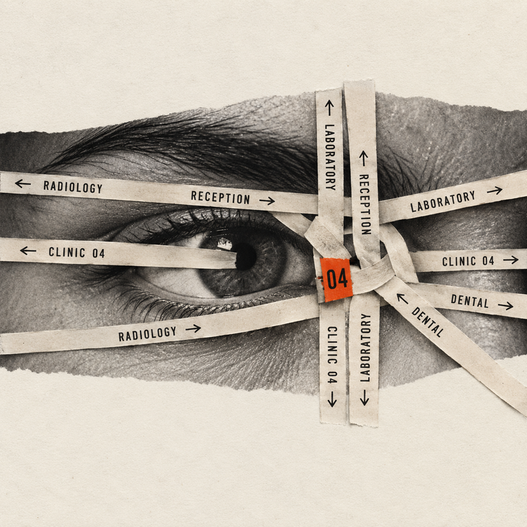 Human eye behind a woven grid of paper directional signs labelling hospital departments including Radiology and Dental