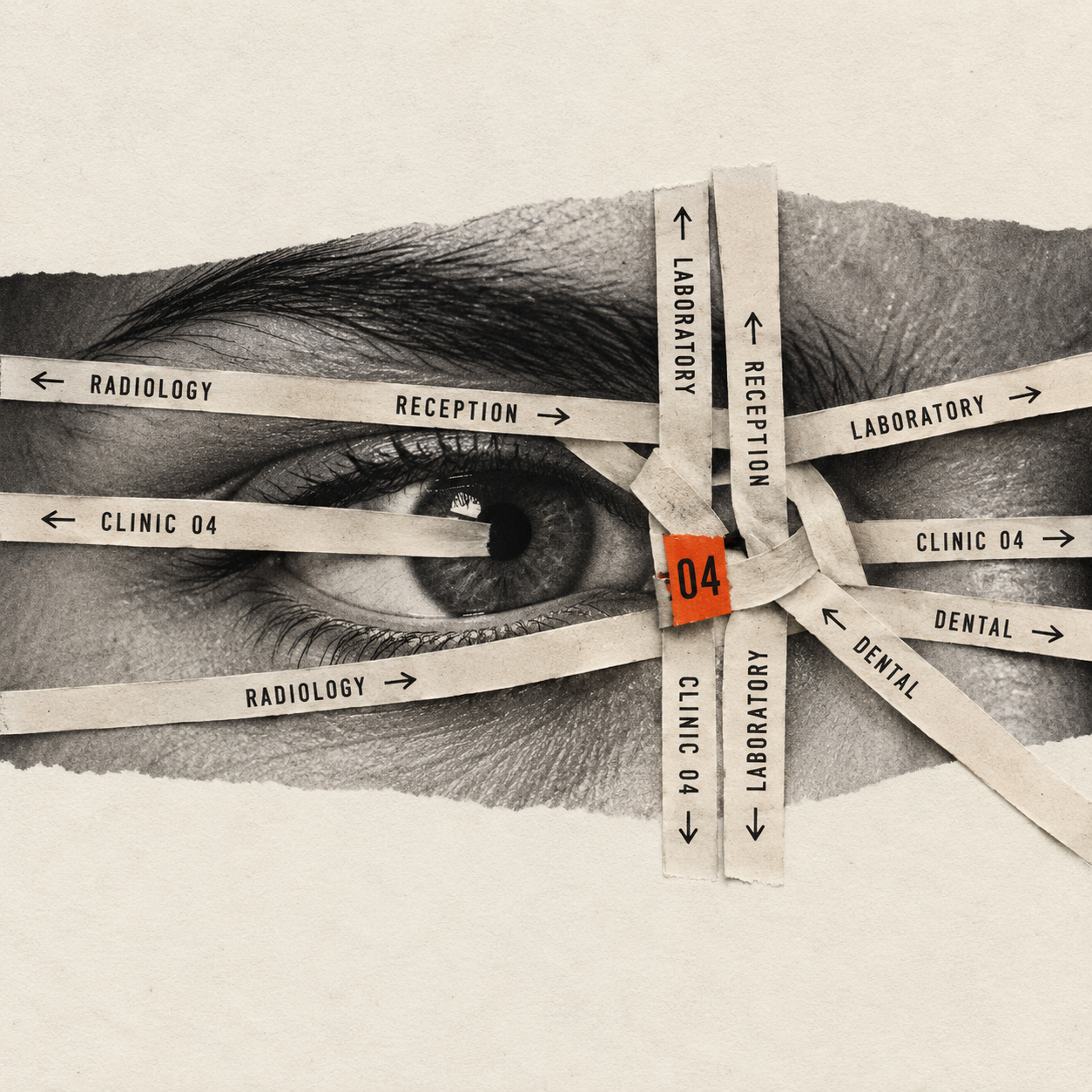 Human eye behind a woven grid of paper directional signs labelling hospital departments including Radiology and Dental
