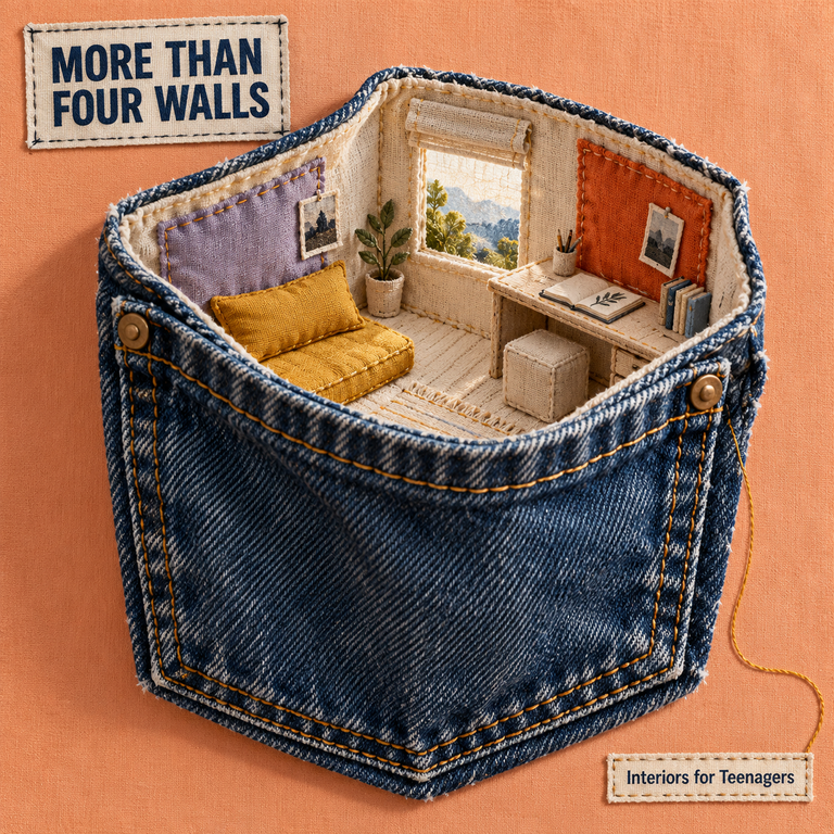 Miniature teenage room inside a denim pocket, with a desk, yellow seat and window overlooking greenery. غرفة مراهق مصغرة داخل جيب جينز، بمكتب ومقعد أصفر ونافذة تطل على الطبيعة.