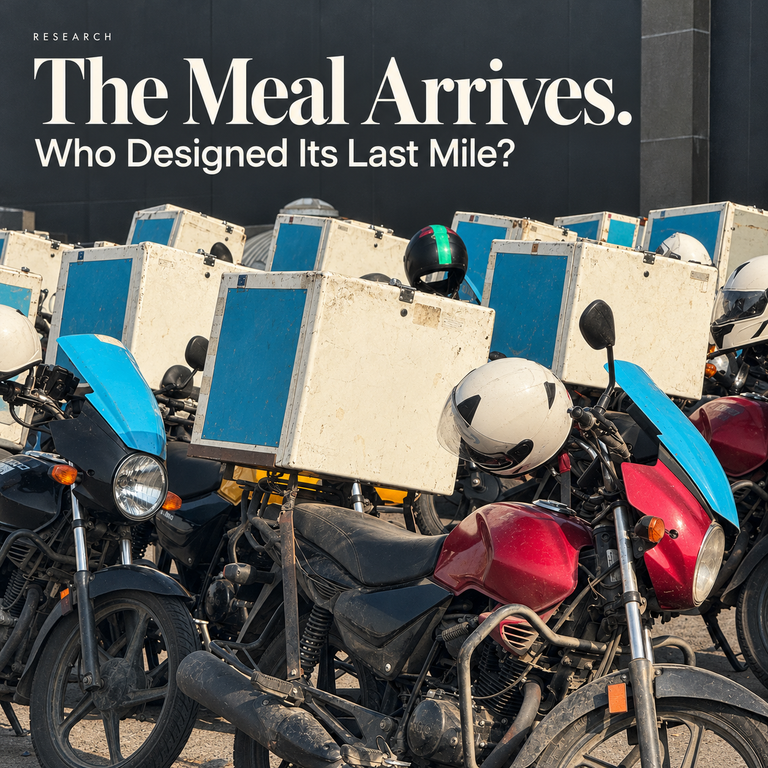 Parked food-delivery motorcycles with white and blue boxes and helmets beneath the research headline. دراجات توصيل طعام متوقفة بصناديق بيضاء وزرقاء وخوذات تحت عنوان البحث.