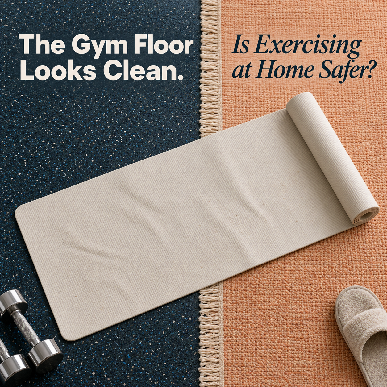 Editorial composition of a white exercise mat spanning a dark rubber gym floor and a peach carpet, with a dumbbell and slipper.