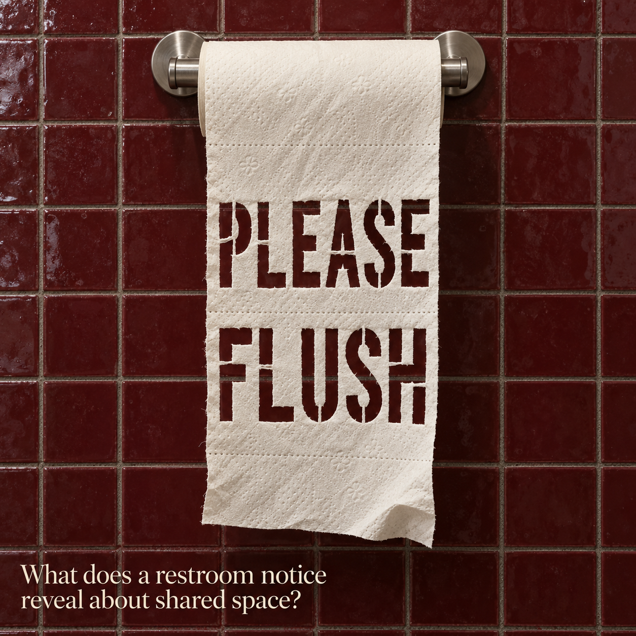 Editorial image of a toilet roll against dark red tiles, with the words Please Flush cut into the paper.