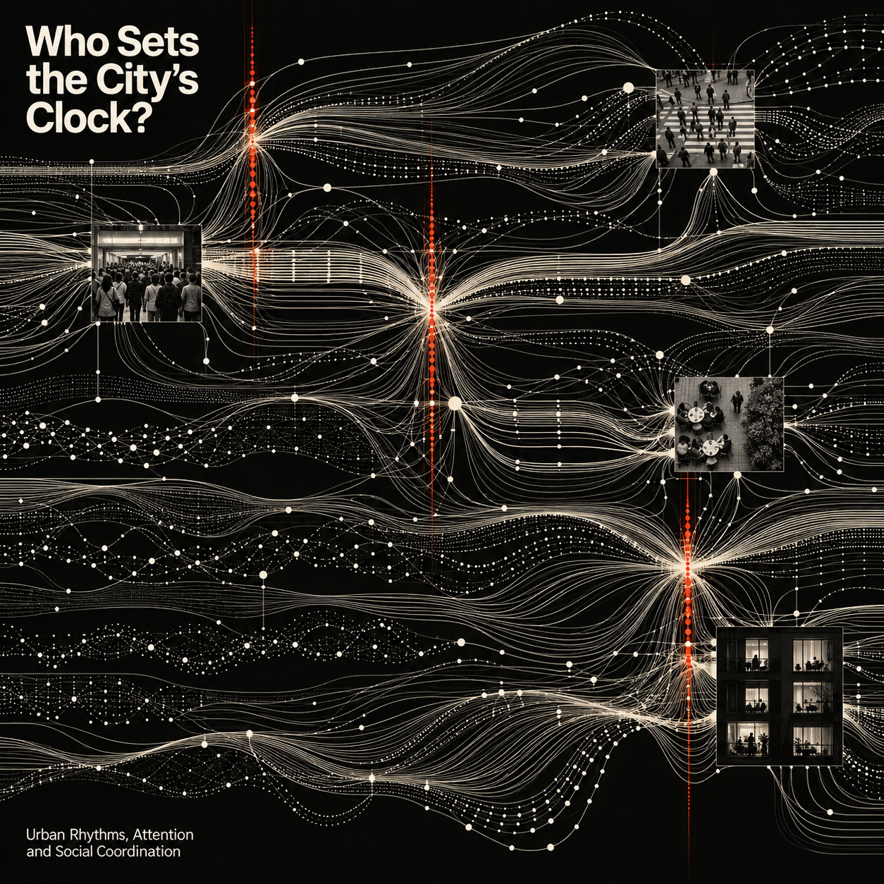 Cream flow lines and orange timing points connect scenes of crowds, pedestrians, café tables and occupied buildings on a black background.