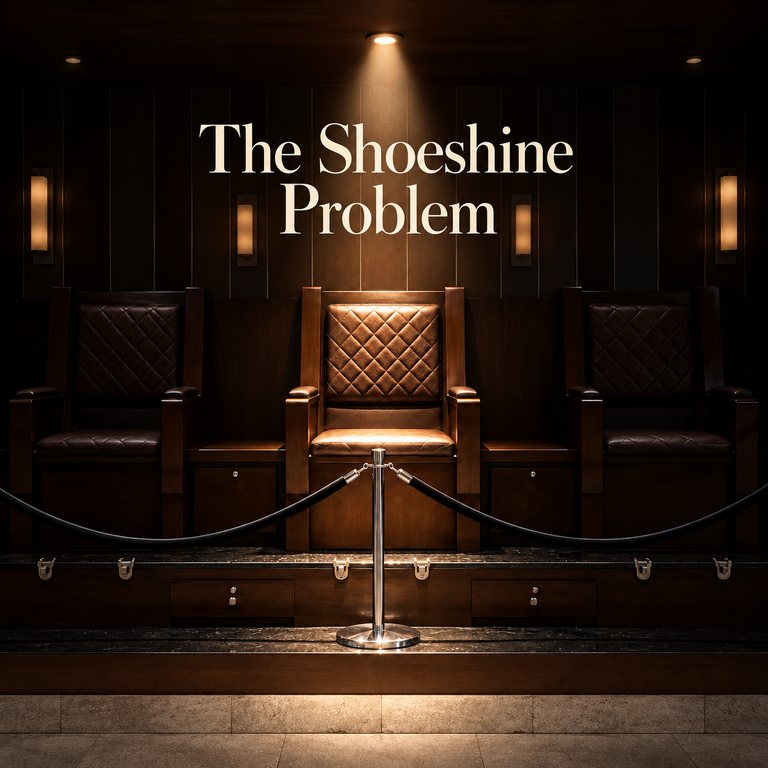Three leather shoeshine chairs against wood panelling, with the centre chair spotlighted and The Shoeshine Problem title above.