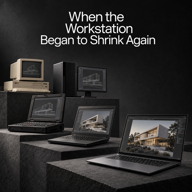 When the Workstation Began to Shrink Again. Progression of workstations from a retro beige desktop to a modern slim laptop