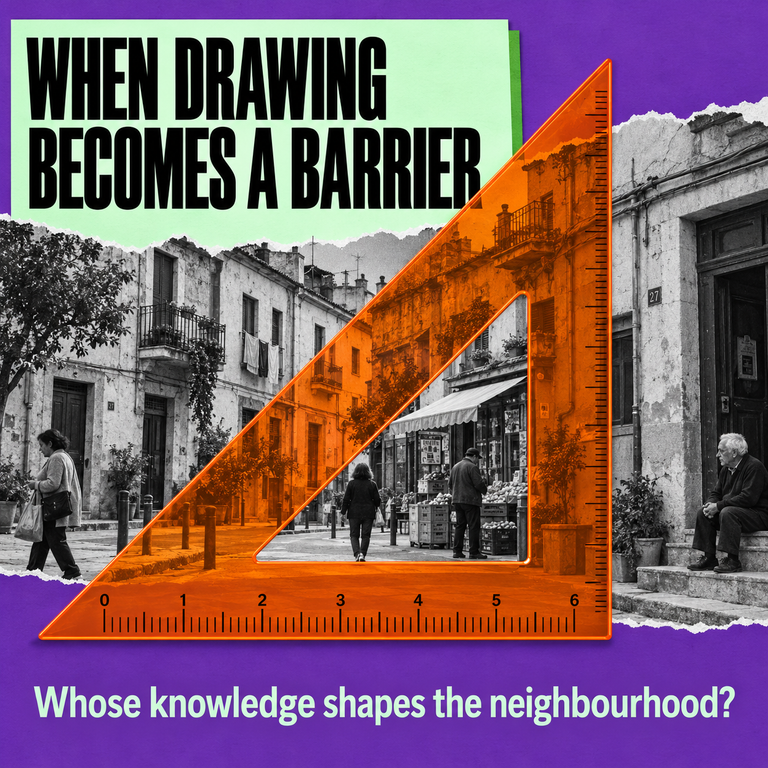 A conceptual collage featuring a black-and-white photograph of a historic Mediterranean street layered beneath a transparent orange set-square drafting triangle, bordered by the bold title "When Drawing Becomes A Barrier" and the subtitle "Whose knowledge shapes the neighbourhood?" against a textured purple background.