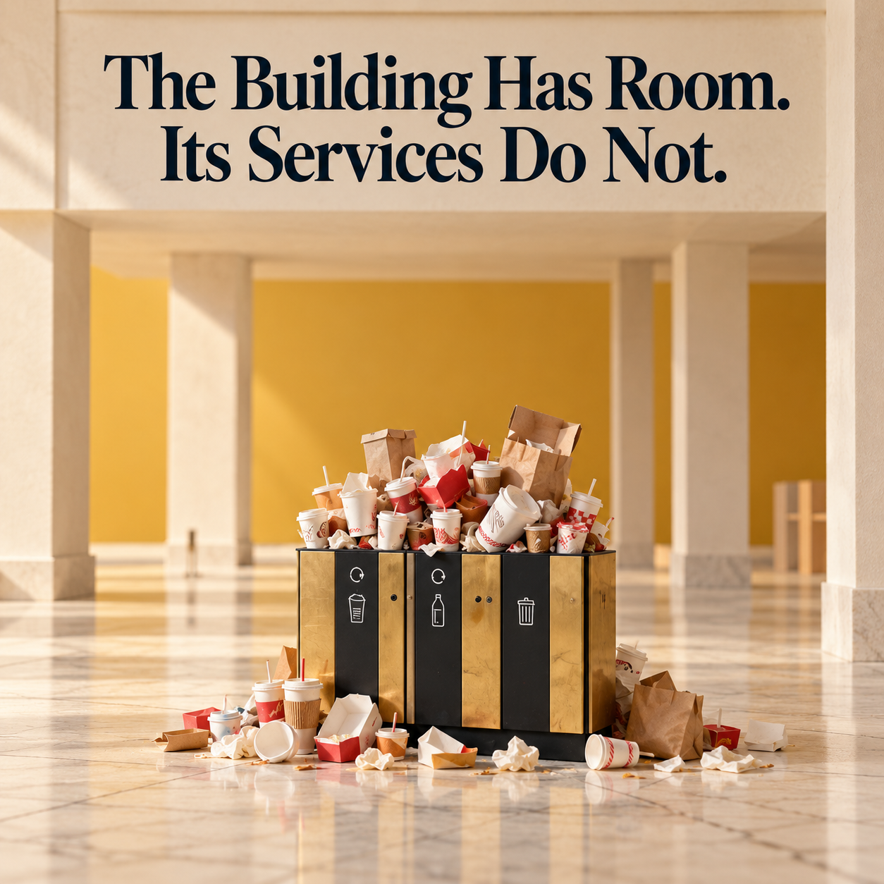 Illustrated cover titled The Building Has Room. Its Services Do Not., showing cups and packaging on and around a waste sorting station in a spacious lobby