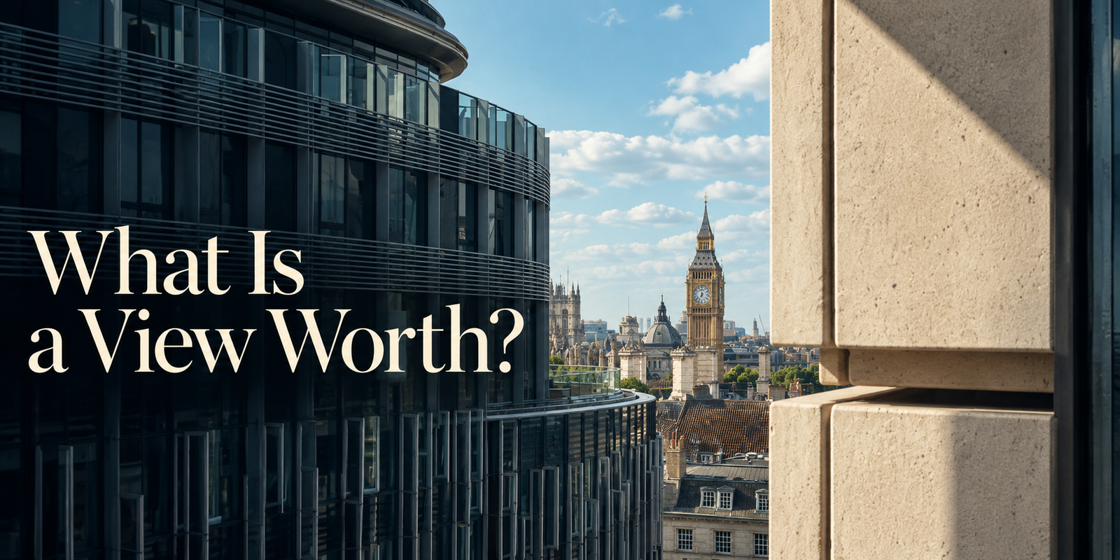 Panoramic illustrated cover showing London's clock tower between nearby buildings, titled What Is a View Worth?